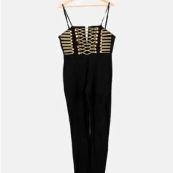 Dalia Macphee Black & Gold Bodycon Military Jumpsuit Size 2/4 Small NWT
